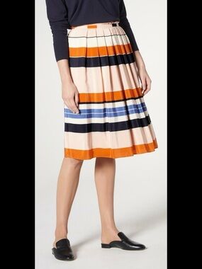 LK Bennett Silk Striped Pleated Midi Skirt in Beige, Orange & Blue